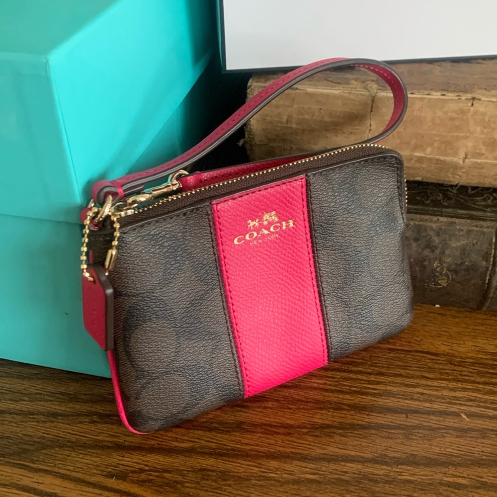 Coach Signature Canvas Wristlet in Brown and Pink